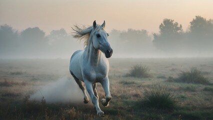 Obraz na płótnie Canvas White Arabian horse galloping in foggy field at sunrise,