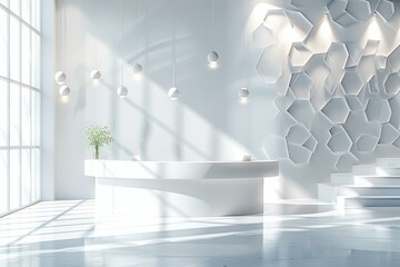 b'3D rendering of a modern office reception area with a curved white desk'