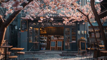 b'Coffee shop with pink cherry blossom trees in front'