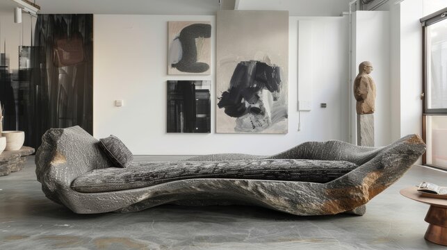 Edgy sofa with asymmetrical form and rich textures, in a contemporary art studio with experimental installations