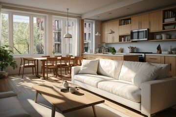 b'An illustration of a modern living room with a kitchen and dining area'