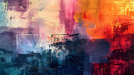 abstract impressionism painting of a cityscape featuring a towering skyscraper, a bustling street,