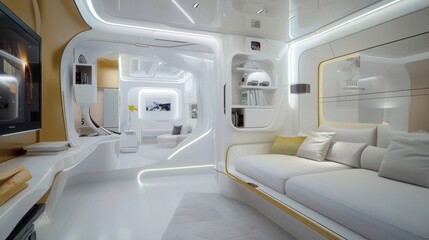 Futuristic studio apartment with a smart, adaptable three-seater sofa, complemented by modular furniture that maximizes space and style