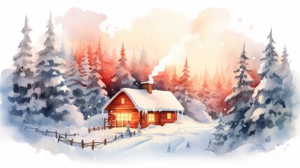 Obraz na płótnie Canvas A soft watercolor illustration of cozy mountain cabin with smoke rising, surrounded by snow covered pines