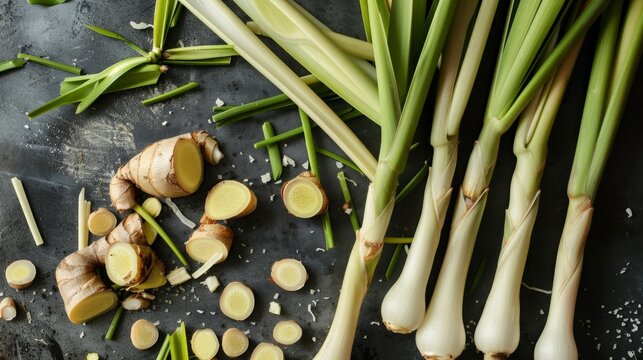 Close up of green onions and sliced garlic - Powered by Adobe
