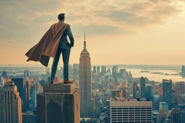 b'Businessman wearing cape standing on top of building overlooking city'