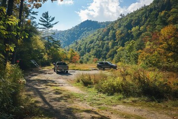 A remote wilderness parking lot at the trailhead of a scenic hiking route through the mountains, Generative AI