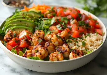 b'A delicious and healthy shrimp bowl with brown rice, avocado, and tomato salsa'