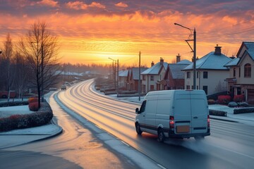 b'A white van drives through a snowy neighborhood in the early morning'