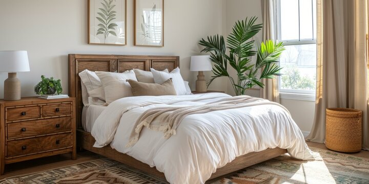 b'cozy bedroom with large windows and a comfortable bed'