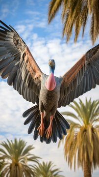 b'A pink-necked vulture soars above the palm trees'