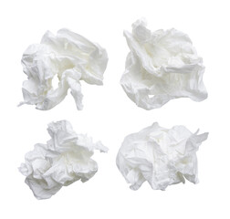 Top view set of screwed or crumpled tissue paper balls after use in toilet or restroom isolated...