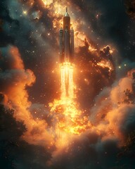 Powerful Rocket Ascending Gracefully into the Expansive Cosmos of the Universe with Dramatic