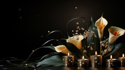 b'Elegant calla lilies and candles on a black background' - obrazy, fototapety, plakaty