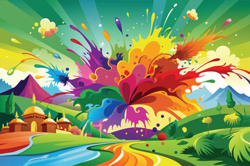 colorful rainbow holi paint color powder explosion vector, isolated wide Indian green panorama background