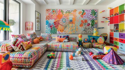 Joyous playroom with a colorful, patterned sofa, surrounded by interactive toys and vivid, engaging wall art