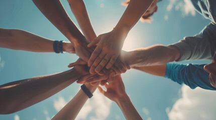 The concept of working together, friends and colleagues joining hands together in the air, close-up