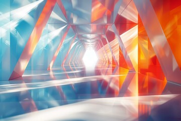 b'Futuristic Tunnel with Triangular Glass Panels and Light at End'