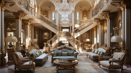 b'A grand living room with a double staircase and crystal chandelier' - obrazy, fototapety, plakaty