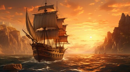 b'The Pirate Ship Sails Towards The Setting Sun' - obrazy, fototapety, plakaty
