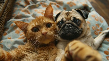 An orange cat and a pug are lying on a bed and looking at the camera