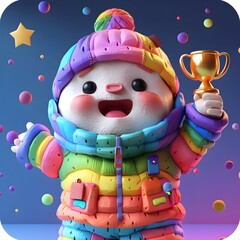 Fototapeta premium Chubby Cartoon Character Holding Up Golden Trophy on Vibrant Gradient Background