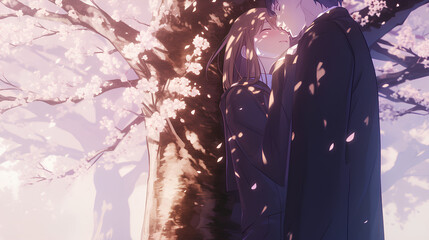 The two anime characters are on a date, standing near a cherry blossom tree. illustration style background