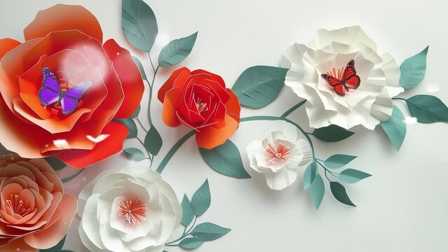 paper flowers with painted leaves. white pink flowers on white background. seamless looping overlay 4k virtual video animation background