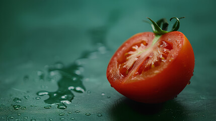 Tomato cut into slice on green background, fresh and natural red tomato