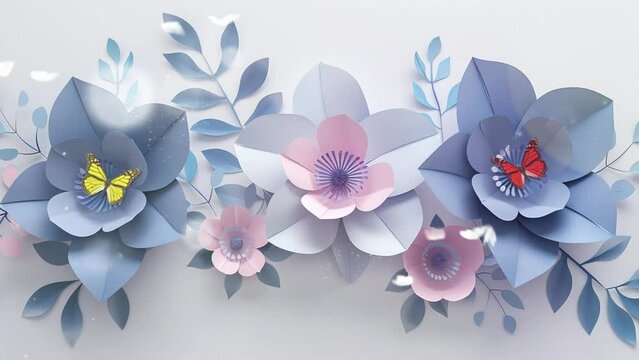 flowers with painted leaves in paper cut style illustration. seamless looping overlay 4k virtual video animation background