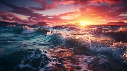 b'Sunset at sea with large waves crashing against the shore'