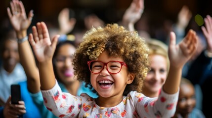 b'Little girl with curly hair smiling and raising her hands in a crowd'