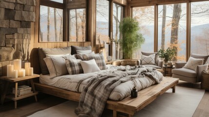 b'A cozy bedroom with a beautiful view of the forest'