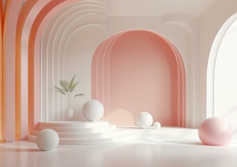 Fototapeta premium b'Pink and white podium with pink balls'