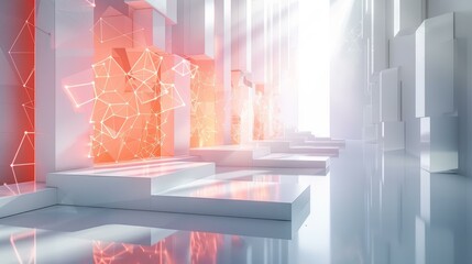 b'Futuristic empty room with glowing red polygonal structure'