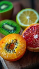 b'Kiwi, lemon, orange and passion fruit'