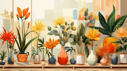 b'A variety of flowers and plants in pots on a shelf'