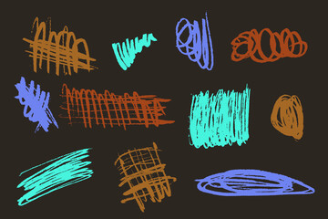 charcoal or chalk pencil curly line drawing set collection. Grunge pen scribbles. squiggles and shapes hand drawn. pencil lines and doodles vector. Rough crayon strokes
