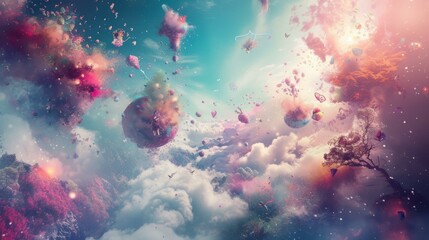 Fototapeta na wymiar b'A surreal dreamscape with floating islands and colorful clouds'
