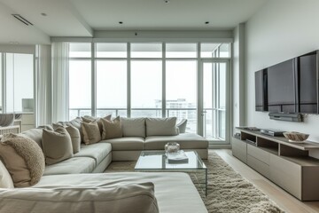 b'Bright and Airy Living Room With Modern Furnishings and Stunning City Views'