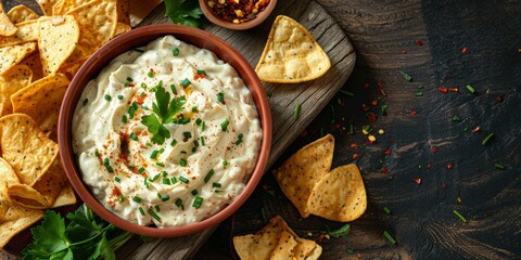 Homemade sour cream and onion dip with tortilla chips - obrazy, fototapety, plakaty