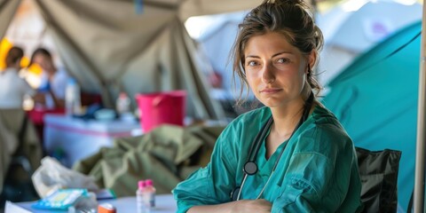 A nurse working in a disaster relief camp, providing emergency care to victims of a natural disaster, with tents and emergency supplies in the background.
