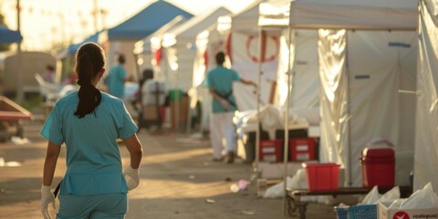 A nurse working in a disaster relief camp, providing emergency care to victims of a natural disaster, with tents and emergency supplies in the background.