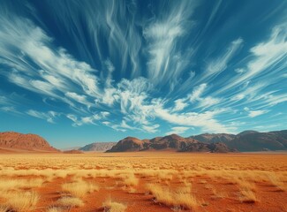 b'Arid desert landscape with blue sky and wispy clouds'
