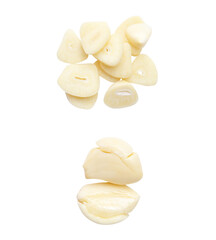 Top view set of pounded garlic cloves with slices or pieces in stack isolated with clipping path in...