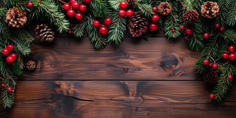 Fototapeta na wymiar b'Christmas background with fir branches, pine cones and red berries'