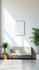 b'Bright and Airy Living Room With Plants and Blank Frame'