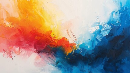 Abstract painting featuring a fiery blend of warm oranges and yellows against a cool, contrasting backdrop of blues and whites.