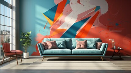 b'Blue couch in front of an abstract painting of a woman'