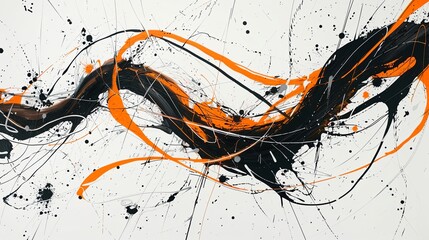 An expressive abstract painting with swirling strokes and splatters of black and orange over a stark white background.